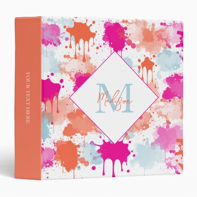 Orange Pink Blue Abstract Modern Paint Splashes  3 Ring Binder (Front/Spine)