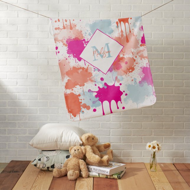 Orange Pink Blue Abstract Modern Paint Splashes  Baby Blanket (In Situ)