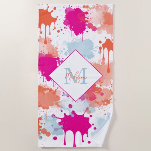 Orange Pink Blue Abstract Modern Paint Splashes Beach Towel