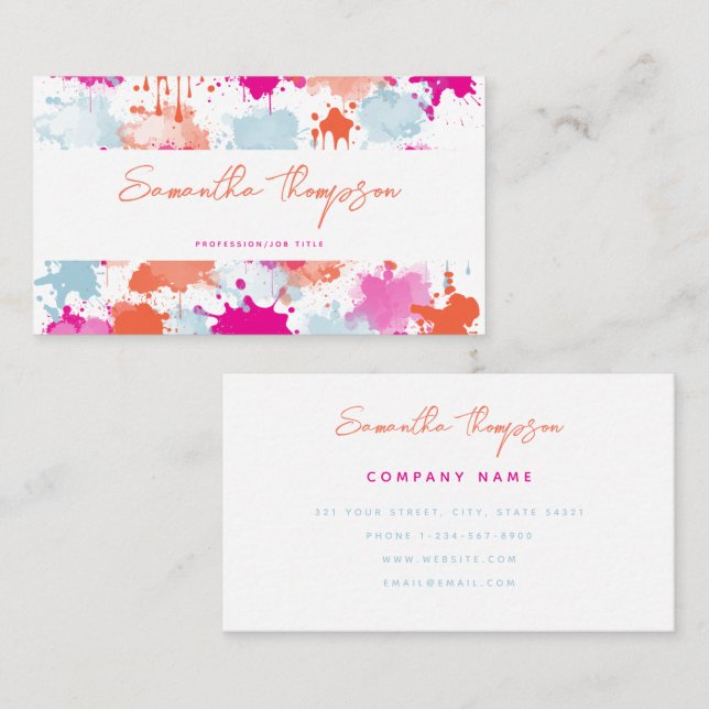 Orange Pink Blue Abstract Modern Paint Splashes Business Card (Front/Back)