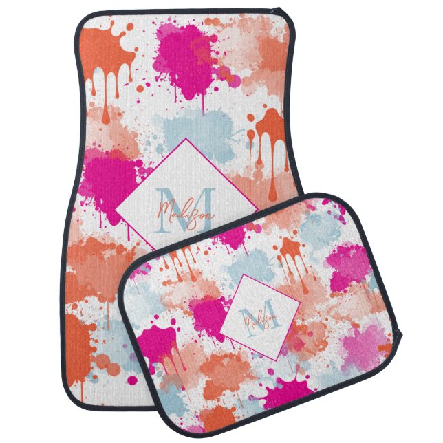 Orange Pink Blue Abstract Modern Paint Splashes Car Floor Mat (Set)
