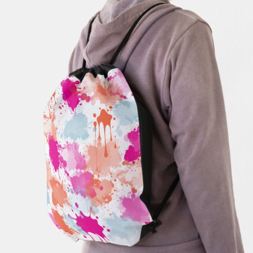 Orange Pink Blue Abstract Modern Paint Splashes Drawstring Bag