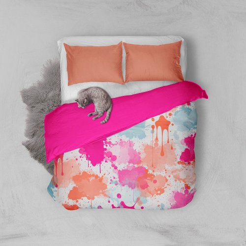 Orange Pink Blue Abstract Modern Paint Splashes  Duvet Cover