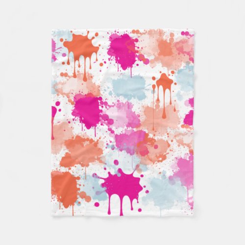 Orange Pink Blue Abstract Modern Paint Splashes Fleece Blanket