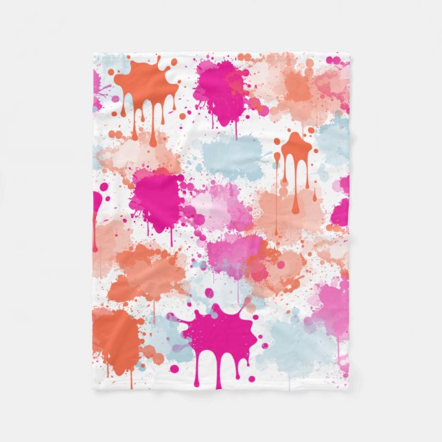 Orange Pink Blue Abstract Modern Paint Splashes Fleece Blanket (Front)