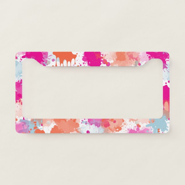 Orange Pink Blue Abstract Modern Paint Splashes License Plate Frame (Front)