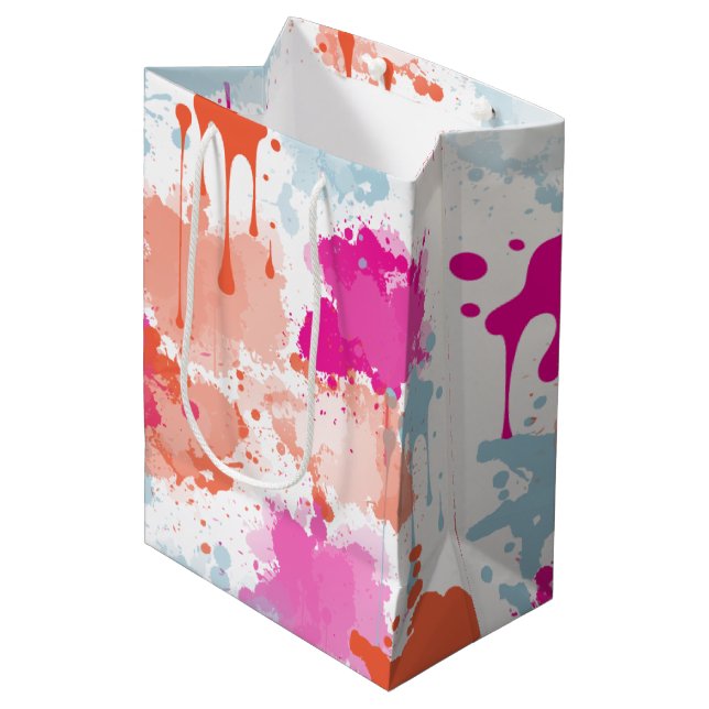 Orange Pink Blue Abstract Modern Paint Splashes Medium Gift Bag (Front Angled)