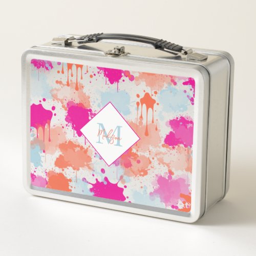Orange Pink Blue Abstract Modern Paint Splashes Metal Lunch Box