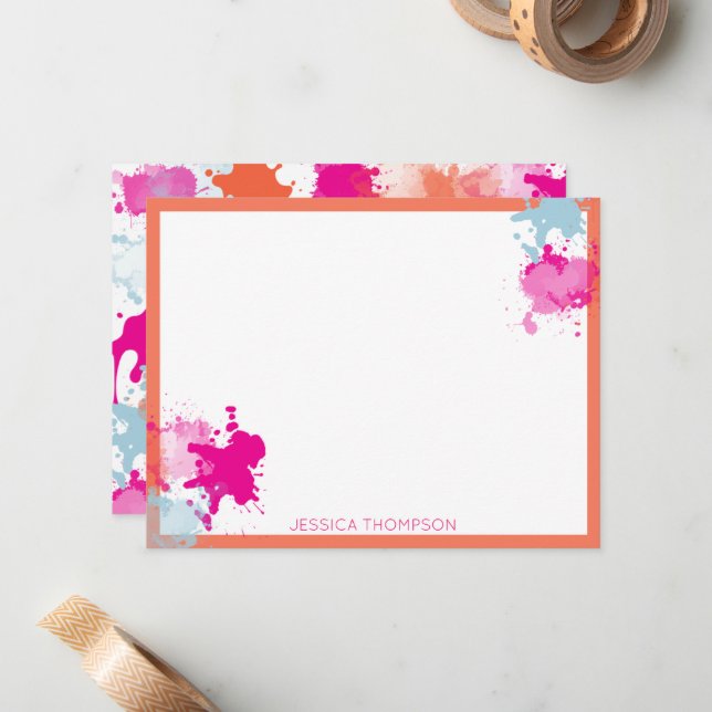 Orange Pink Blue Abstract Modern Paint Splashes  Note Card (Front/Back In Situ)