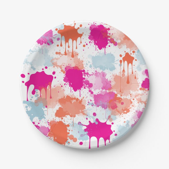 Orange Pink Blue Abstract Modern Paint Splashes Paper Plates (Front)