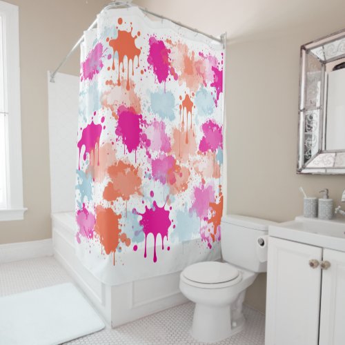 Orange Pink Blue Abstract Modern Paint Splashes  Shower Curtain