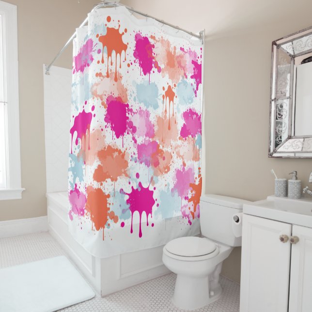 Orange Pink Blue Abstract Modern Paint Splashes  Shower Curtain (In Situ)
