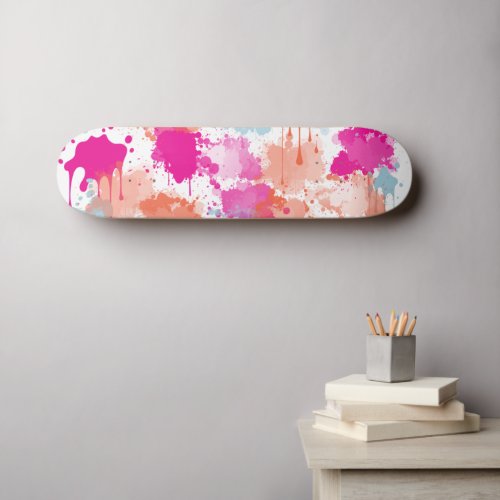 Orange Pink Blue Abstract Modern Paint Splashes  Skateboard