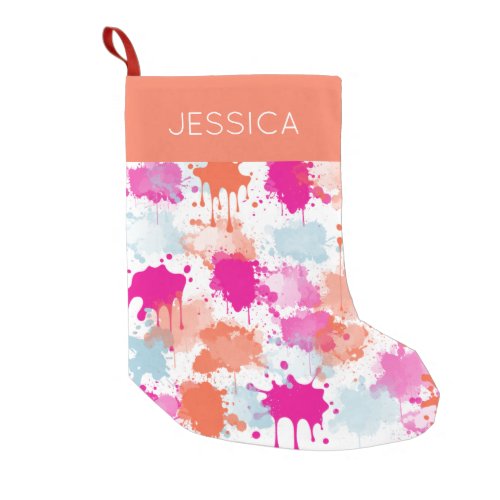 Orange Pink Blue Abstract Modern Paint Splashes  Small Christmas Stocking