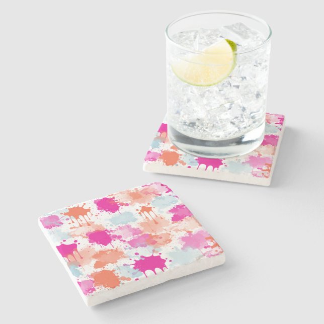 Orange Pink Blue Abstract Modern Paint Splashes   Stone Coaster (Side)