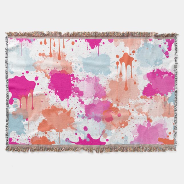 Orange Pink Blue Abstract Modern Paint Splashes  Throw Blanket (Front)