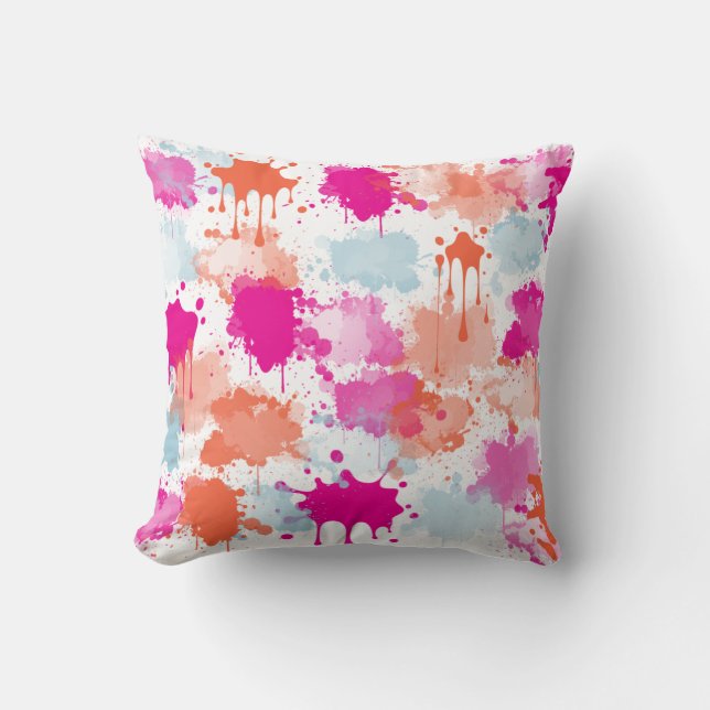 Orange Pink Blue Abstract Modern Paint Splashes Throw Pillow (Front)