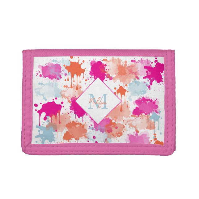 Orange Pink Blue Abstract Modern Paint Splashes Trifold Wallet (Front)