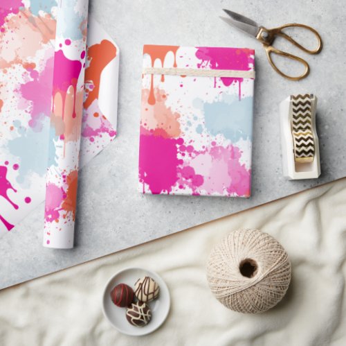 Orange Pink Blue Abstract Modern Paint Splashes  Wrapping Paper