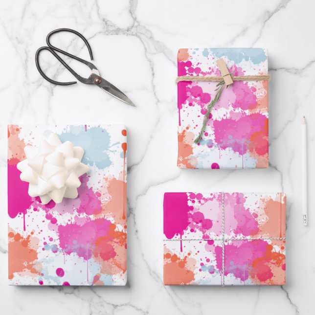 Orange Pink Blue Abstract Modern Paint Splashes Wrapping Paper Sheets (Front)