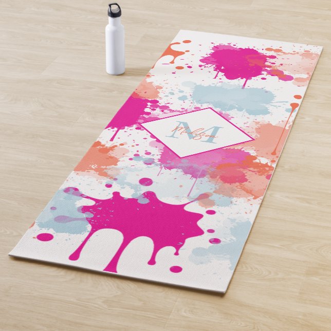 Orange Pink Blue Abstract Modern Paint Splashes Yoga Mat (In Situ)