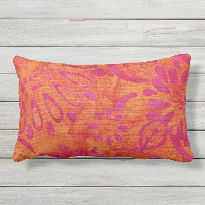 Orange Pink Boho Batik Fl Pattern, Hot Pink Lumbar Outdoor Pillows