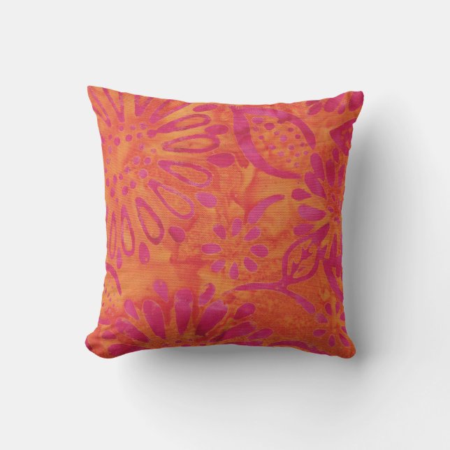 Orange Pink Boho Batik Floral Pattern Outdoor Pillow (Front)