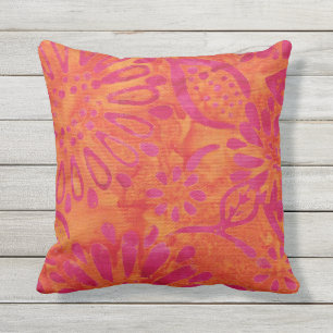 Orange Pink Boho Batik Floral Pattern Outdoor Pillow