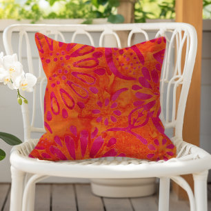 Orange Pink Boho Batik Floral Pattern Outdoor Pillow