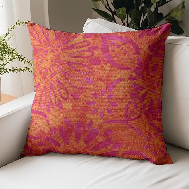 Orange Pink Boho Batik Floral Pattern Throw Pillow (Creator Uploaded)