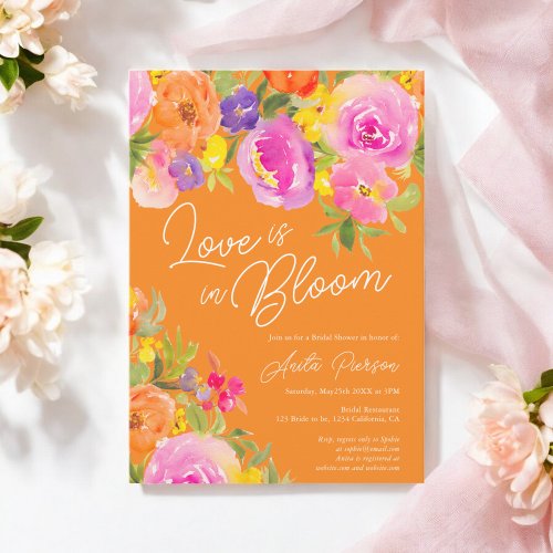 Orange Pink Bold floral watercolor bridal shower Invitation