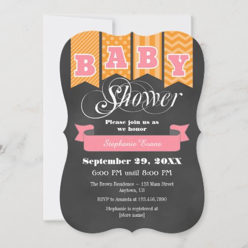 Orange Pink Chalkboard Flag Baby Shower Invite