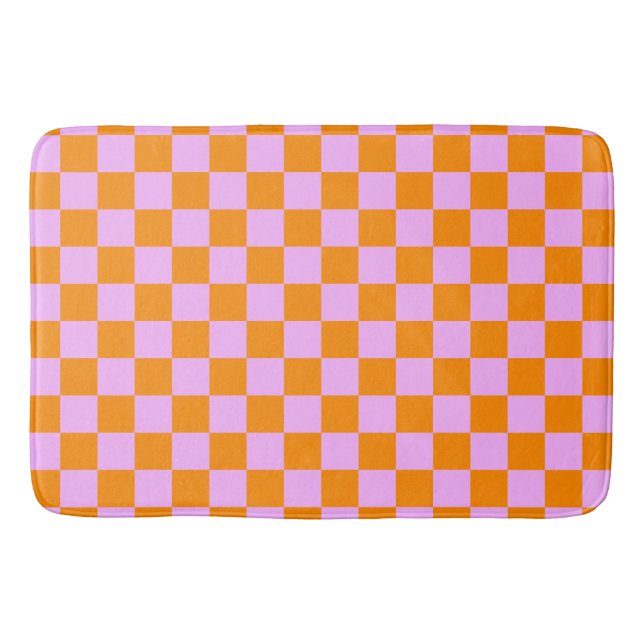Orange + Pink Check Checkered Checkerboard Pattern Bath Mat (Front)