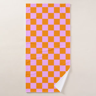 Orange + Pink Check Checkered Checkerboard Pattern Bath Towel