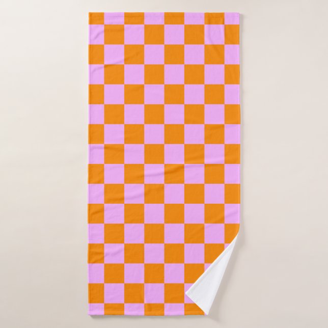 Orange + Pink Check Checkered Checkerboard Pattern Bath Towel (Bath Towel)