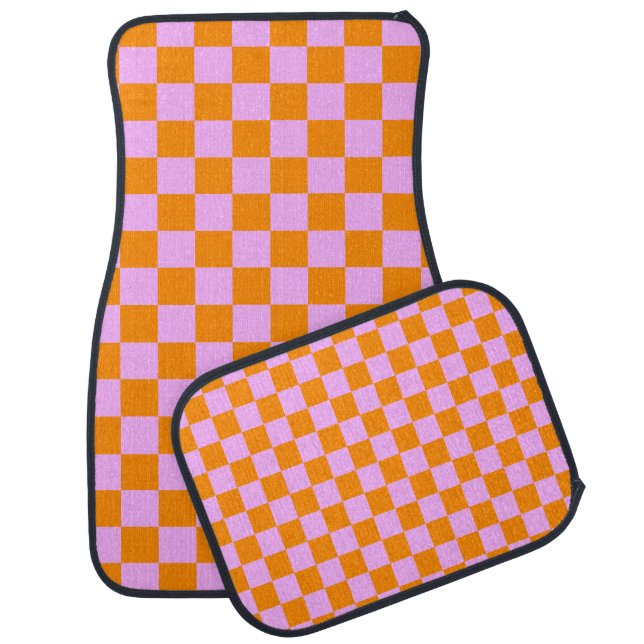 Orange + Pink Check Checkered Checkerboard Pattern Car Floor Mat (Set)