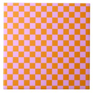 Orange + Pink Check Checkered Checkerboard Pattern Ceramic Tile