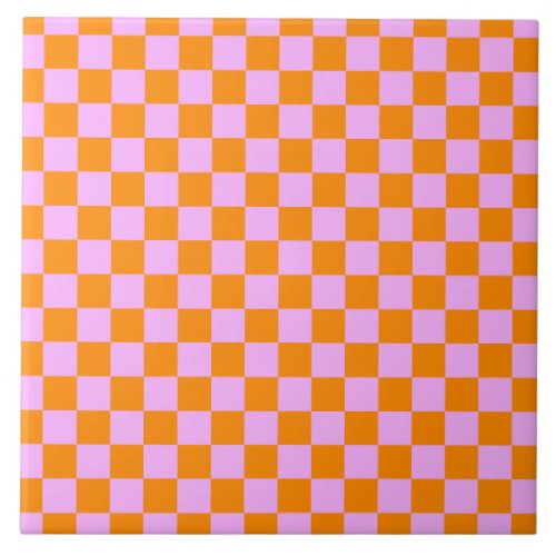 Orange  Pink Check Checkered Checkerboard Pattern Ceramic Tile