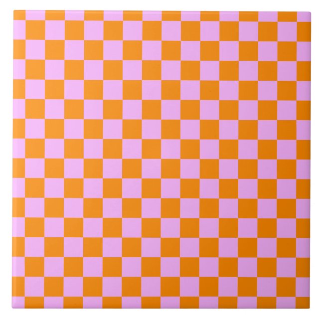 Orange + Pink Check Checkered Checkerboard Pattern Ceramic Tile (Front)