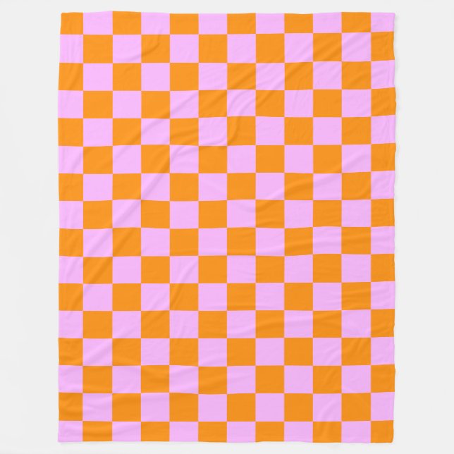 Orange + Pink Check Checkered Checkerboard Pattern Fleece Blanket (Front)