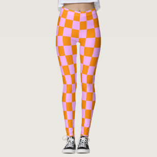 Orange + Pink Check Checkered Checkerboard Pattern Leggings