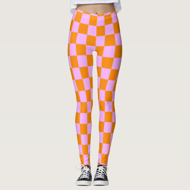 Orange + Pink Check Checkered Checkerboard Pattern Leggings (Front)