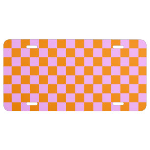 Orange + Pink Check Checkered Checkerboard Pattern License Plate