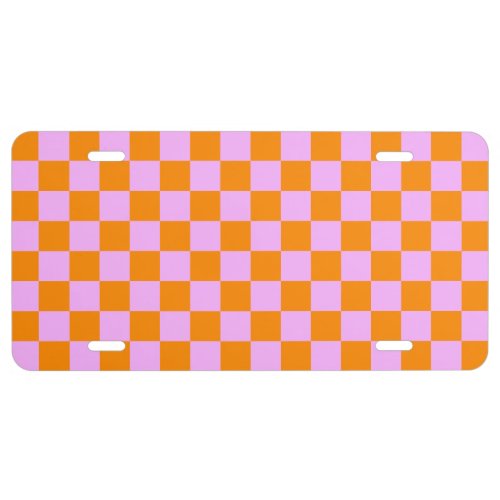 Orange  Pink Check Checkered Checkerboard Pattern License Plate