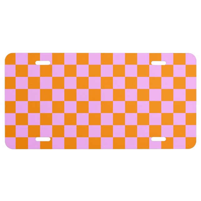 Orange + Pink Check Checkered Checkerboard Pattern License Plate (Front)