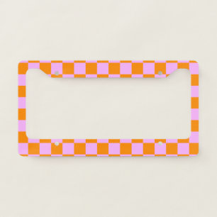 Orange + Pink Check Checkered Checkerboard Pattern License Plate Frame