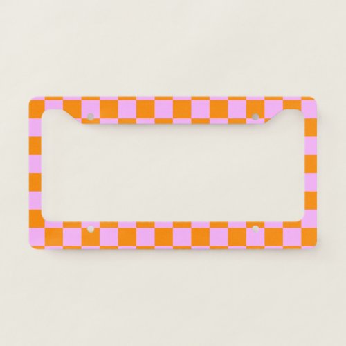 Orange  Pink Check Checkered Checkerboard Pattern License Plate Frame