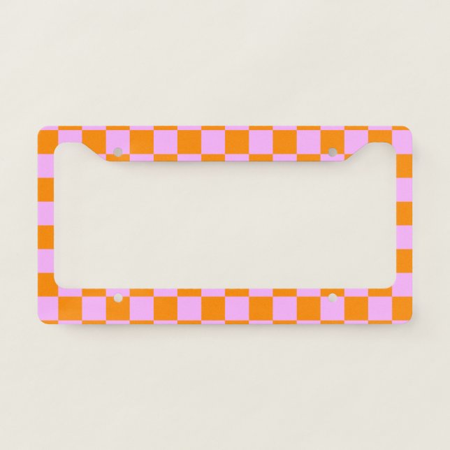 Orange + Pink Check Checkered Checkerboard Pattern License Plate Frame (Front)