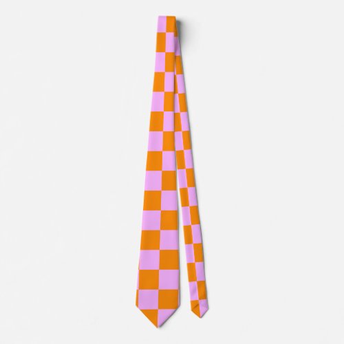 Orange  Pink Check Checkered Checkerboard Pattern Neck Tie