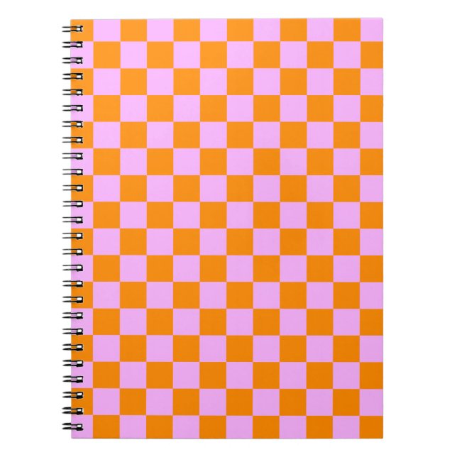 Orange + Pink Check Checkered Checkerboard Pattern Notebook (Front)